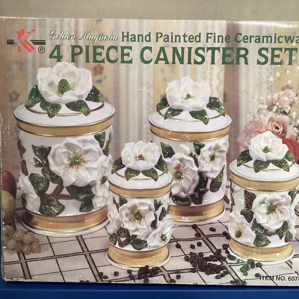 vtg kk golden magnolia 4 piece canister set hand painted ceramic ware 6078